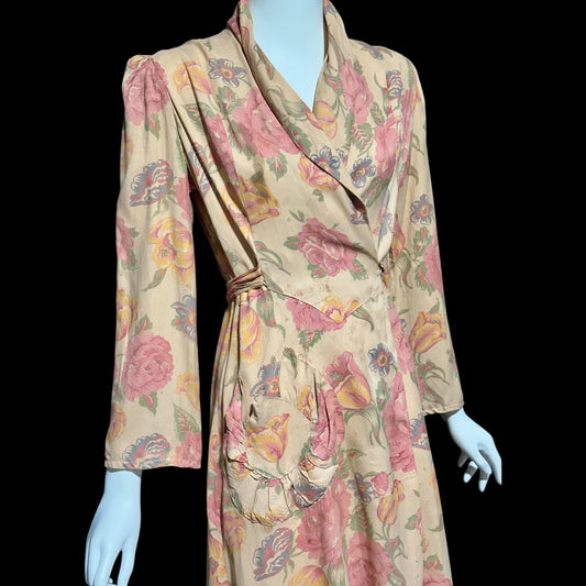 1930s vintage silk chintz floral robe, Dusty pink wrap front long house coat, Rehabilitated Wounded Bird