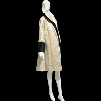 1950s Vintage evening swing coat, Reversible pearl and black shiny silk damask butterfly opera coat