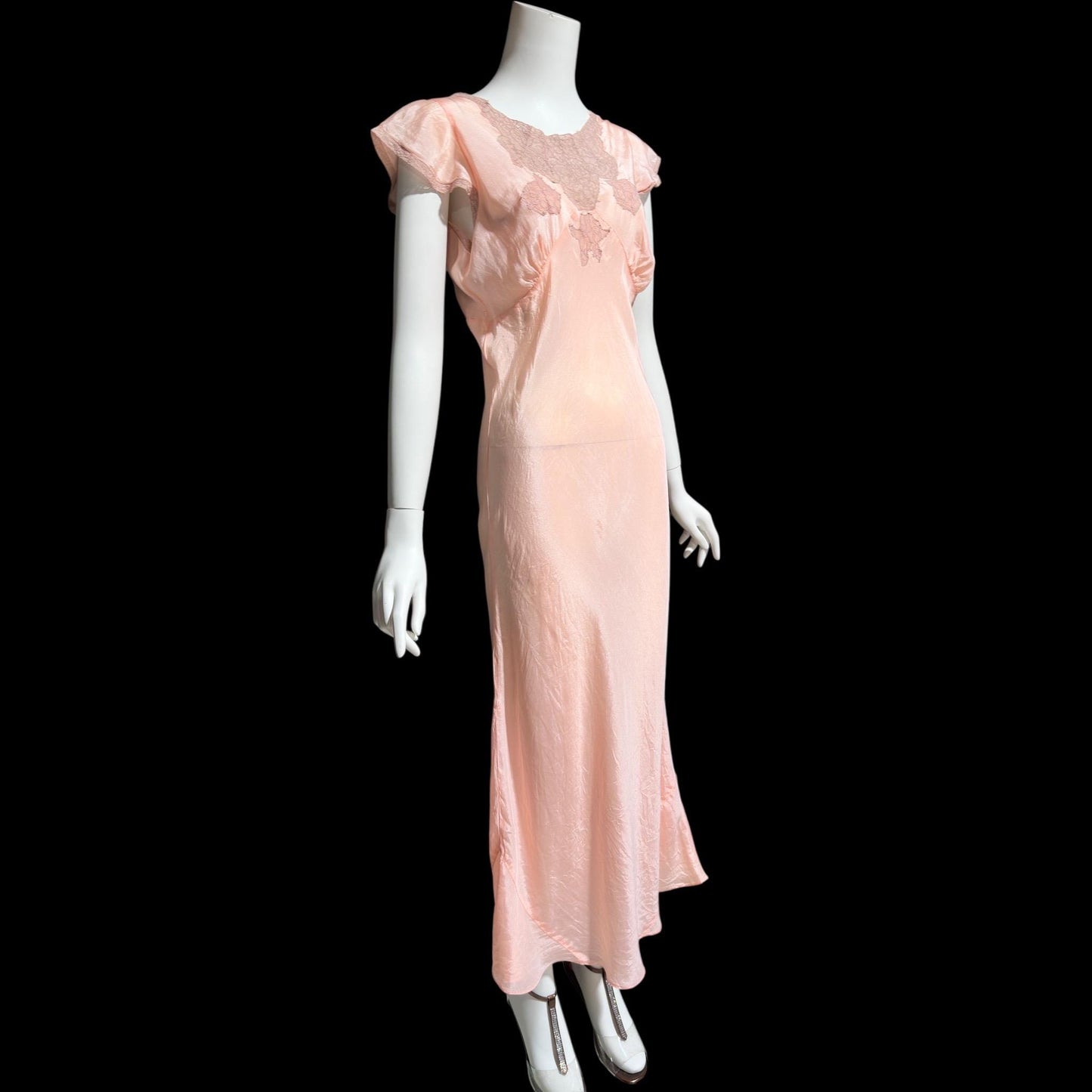 1930s Rayon Slip Dress: Vintage Bias Cut Shiny Peachy Pink Nightgown, Lace Trim