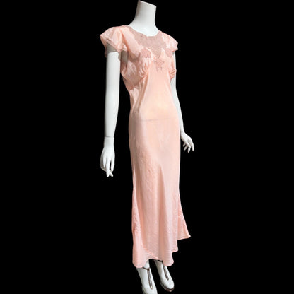 1930s Rayon Slip Dress: Vintage Bias Cut Shiny Peachy Pink Nightgown, Lace Trim