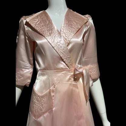 ANITA vintage 1940s Dressing Gown Robe, Made in Cuba Shiny Satin Pink Wrap Housecoat