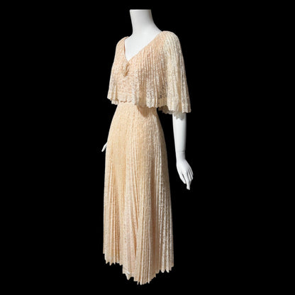 1970s vintage evening dress, peachy lace pleated dress, ruffled cape collar hippie boho chic evening gown, 36 bust