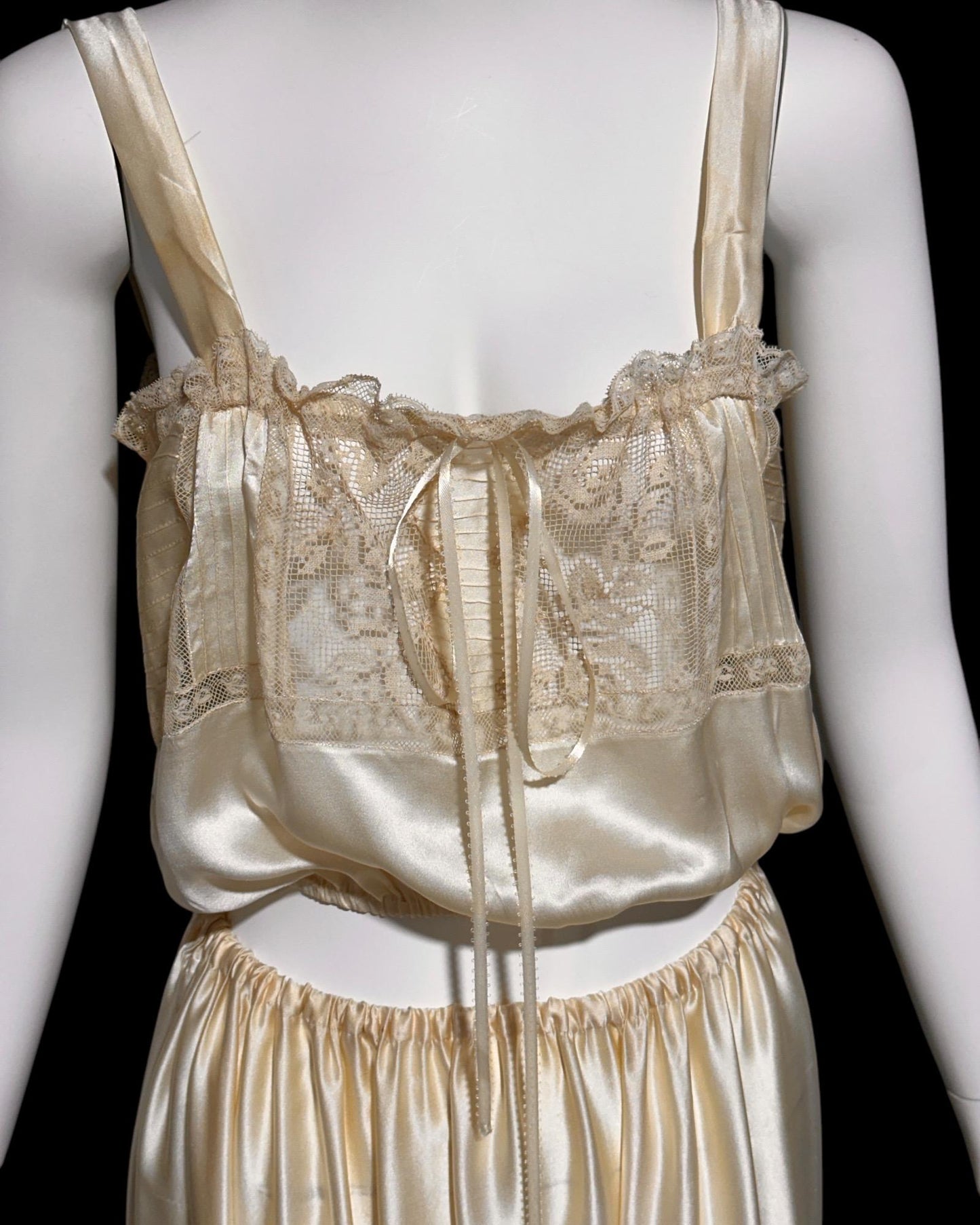 Antique Edwardian 1900s silk camisole and skirt set, pin tucks and lace, 2pc lingerie set