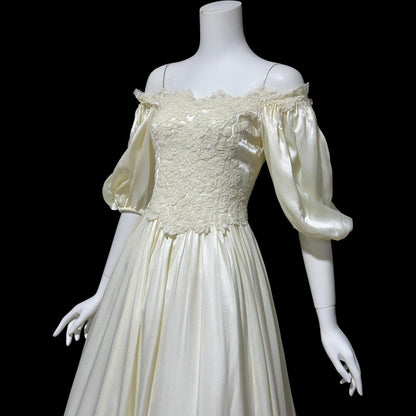 1960s vintage wedding dress, Off shoulder Juliet style bridal gown