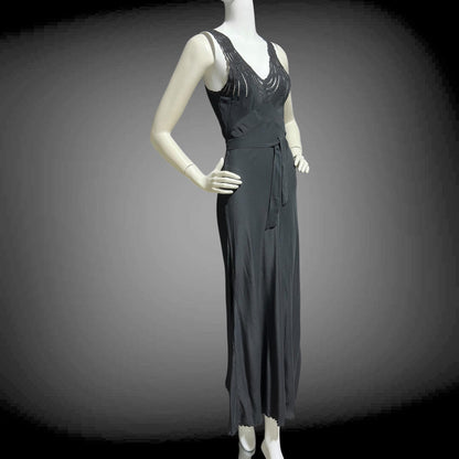 PEONY, vintage 1950s Silk Nightgown slip dress, inky black bias cut hand embroidered gown