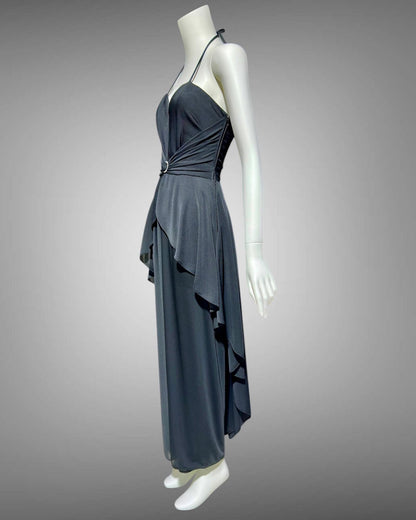 FRANK USHER 1970s vintage Black disco halter evening Dress, Bustier bodice and Long Peplum skirt