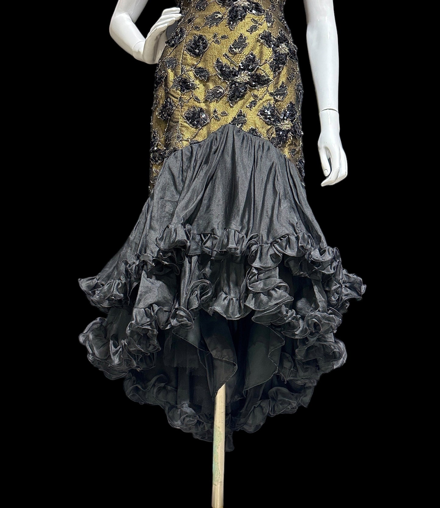 DAVID FIELDEN vintage evening dress gown, 1980s Party Dress, All Silk Hi Low Ruffle cocktail dress