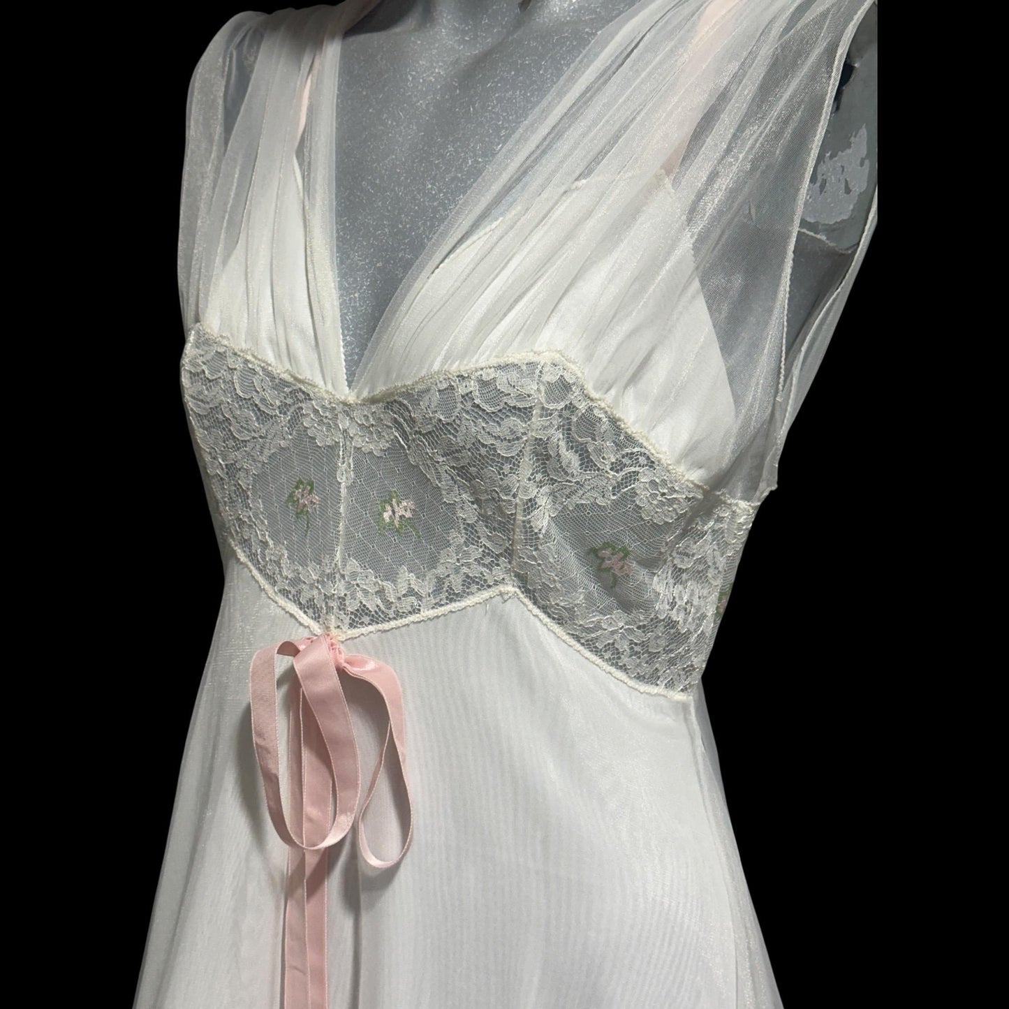 LAROS, Vintage 1940s nightgown slip dress, white double chiffon with pink embroidered flowers, wedding night dress