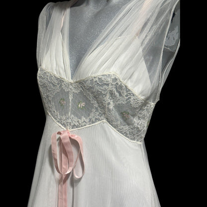 LAROS, Vintage 1940s nightgown slip dress, white double chiffon with pink embroidered flowers, wedding night dress