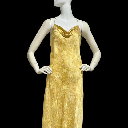 JOSIE NATORI, vintage Y2K nightgown slip dress, gold asian motif silk bias cut sequin sheath
