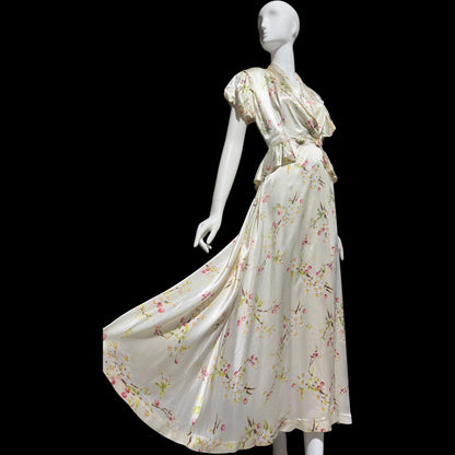 MISS ELAINE vintage 1940s Dressing Gown Robe, Shiny Satin floral Wrap Housecoat Lingerie Dress