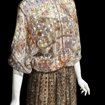 MOLLIE PARNIS, vintage 1970s evening dress, brown silk blouson formal gown