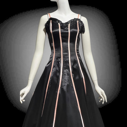 1940s vintage Evening Ball Gown: Black Shiny Satin full sweep formal dress with pink ribbon stripes
