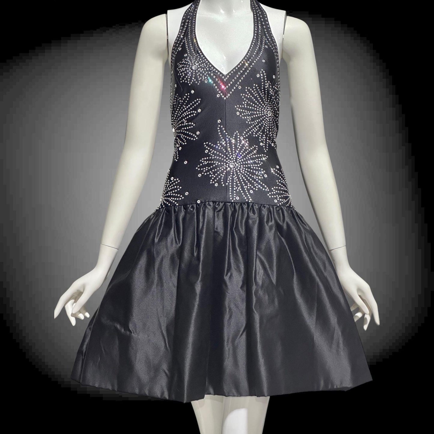 1970s Halter Party Mini Dress: Vintage black bubble skirt with rhinestone studs