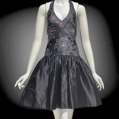 1970s Halter Party Mini Dress: Vintage black bubble skirt with rhinestone studs