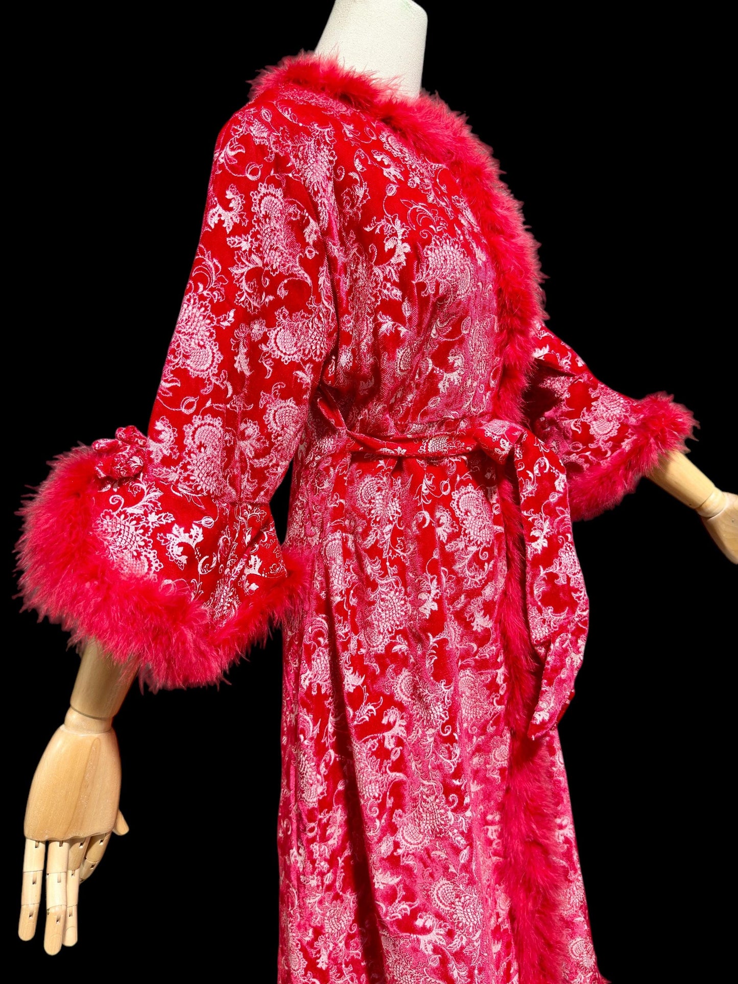 1970s vintage red velvet robe with marabou feather trim, wrap style housecoat