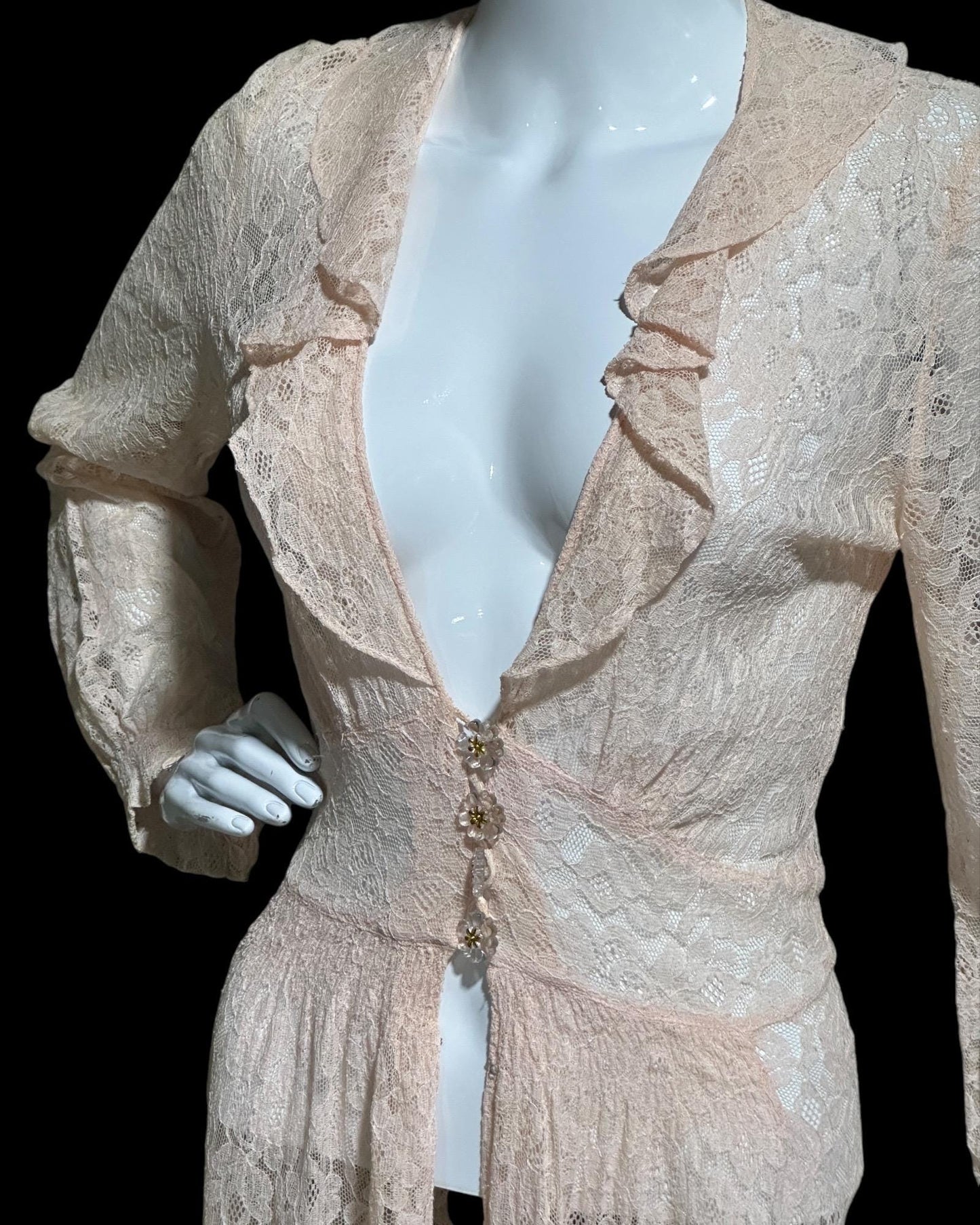 FLOBERT vintage 1940s sheer pink lace dressing gown robe, lace button front peignoir housecoat