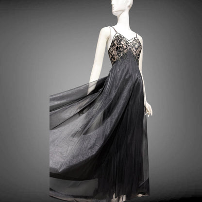 VANITY FAIR Vintage 1950s nightgown slip dress, Black Nylon Metallic Lace Lingerie dress