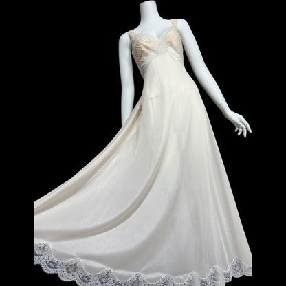 ROGERS vintage 1950s nightgown slip dress, ethereal soft peach chiffon and lace pin tucks, full length