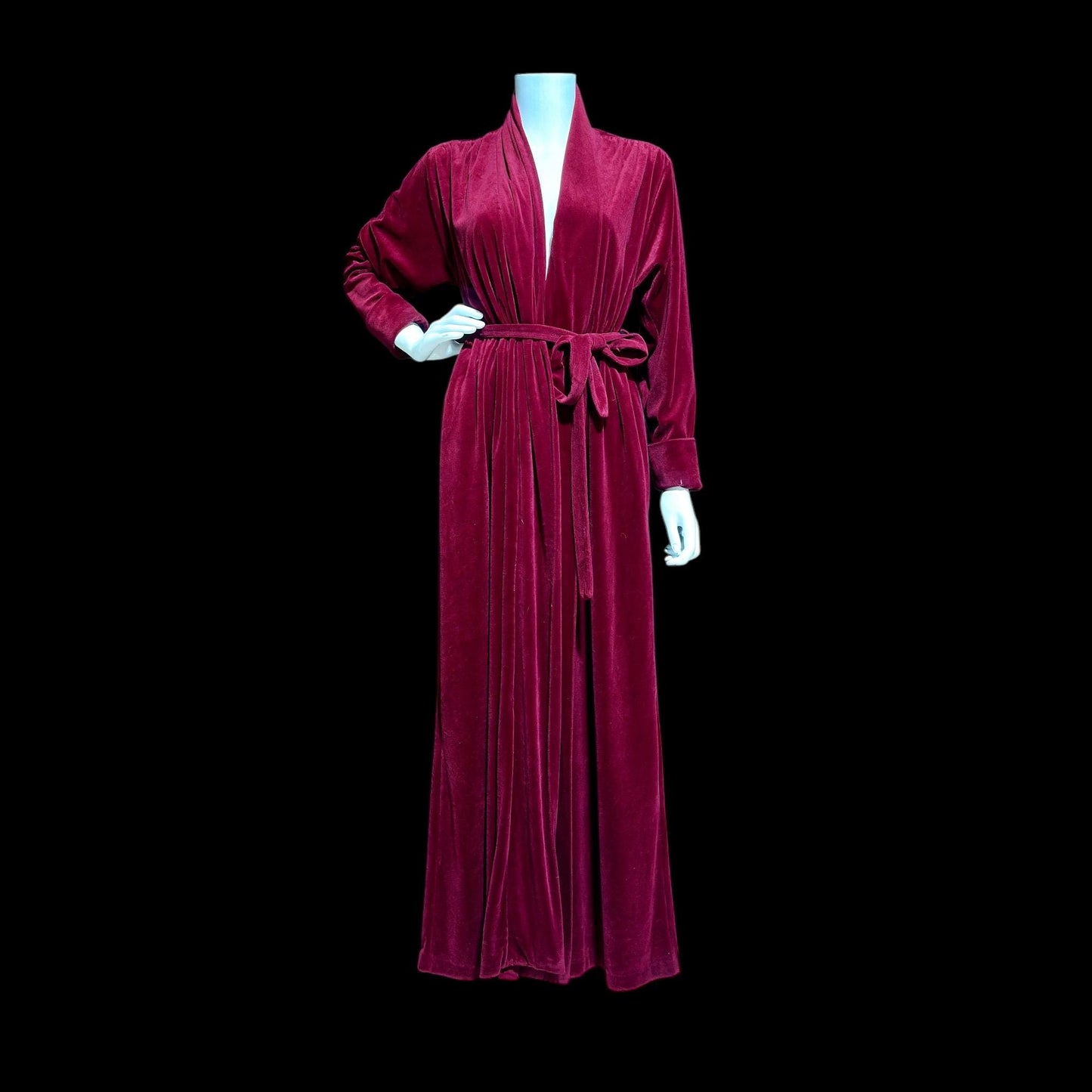 MISS DIOR Vintage 1970s housecoat robe, Deep Red Merlot plush velvet wrap front housecoat with pockets