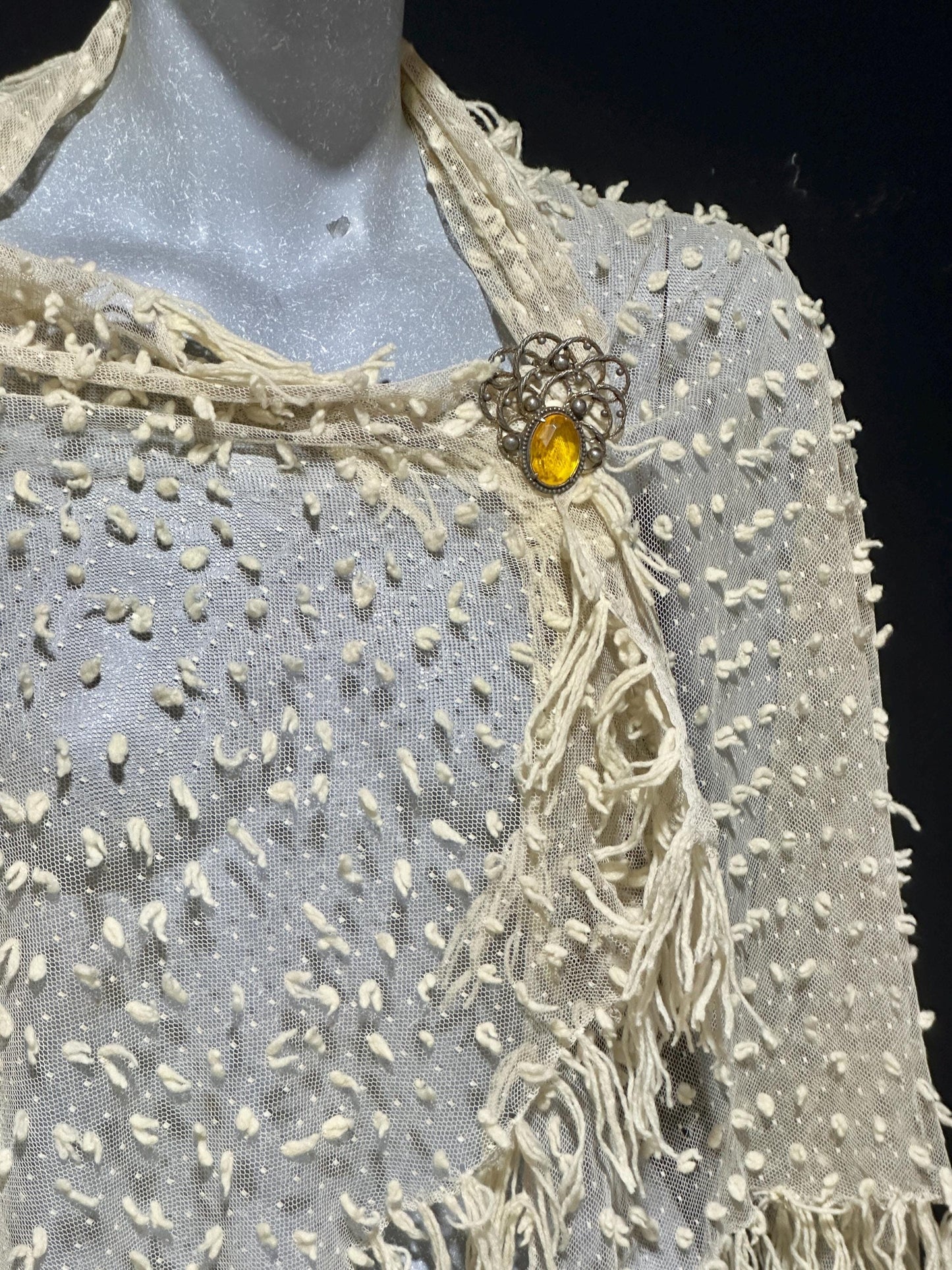 Victorian Edwardian fringed shawl scarf, Creamy White net and yarn Bridal Wrap