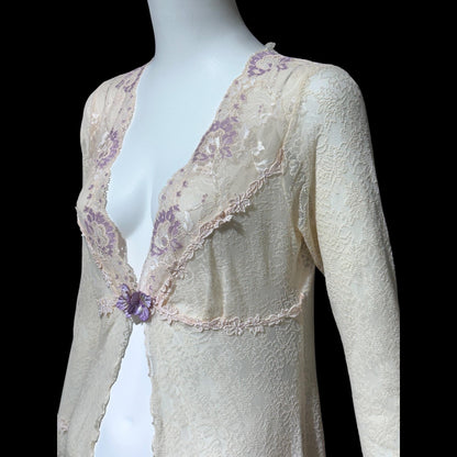CLAIRE PETTIBONE, wedding coat robe, sheer nylon lace high low dressing gown