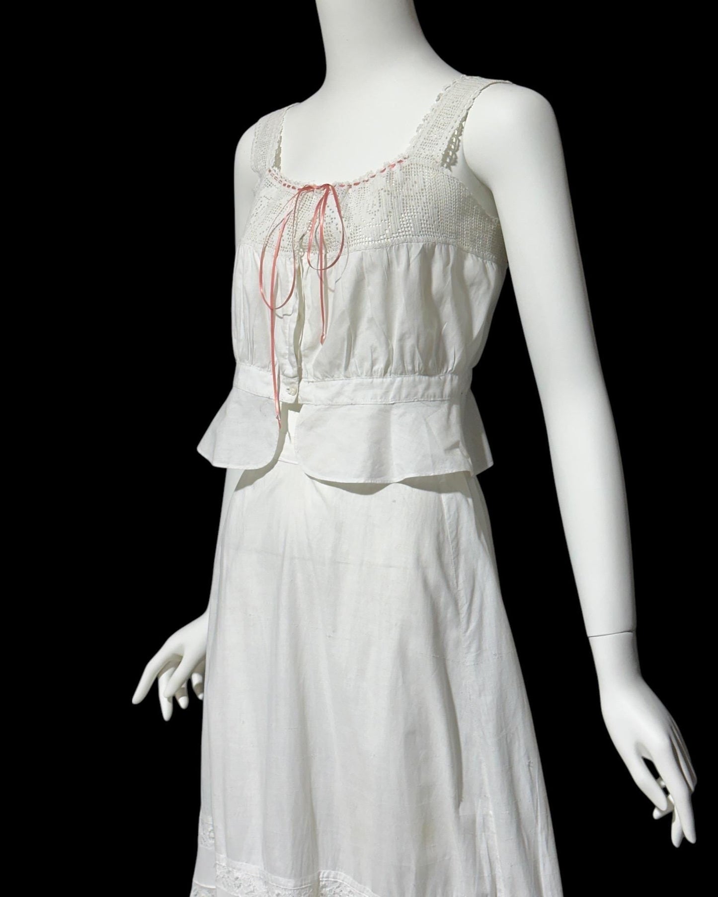 Antique Edwardian 1900s white cotton and lace camisole and skirt set, 2pc lingerie set, top and petticoat