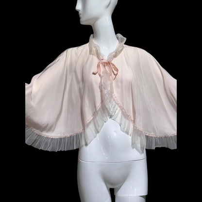 1930s antique vintage pale pink bed jacket, Ruffled satin bed cape robe, one size
