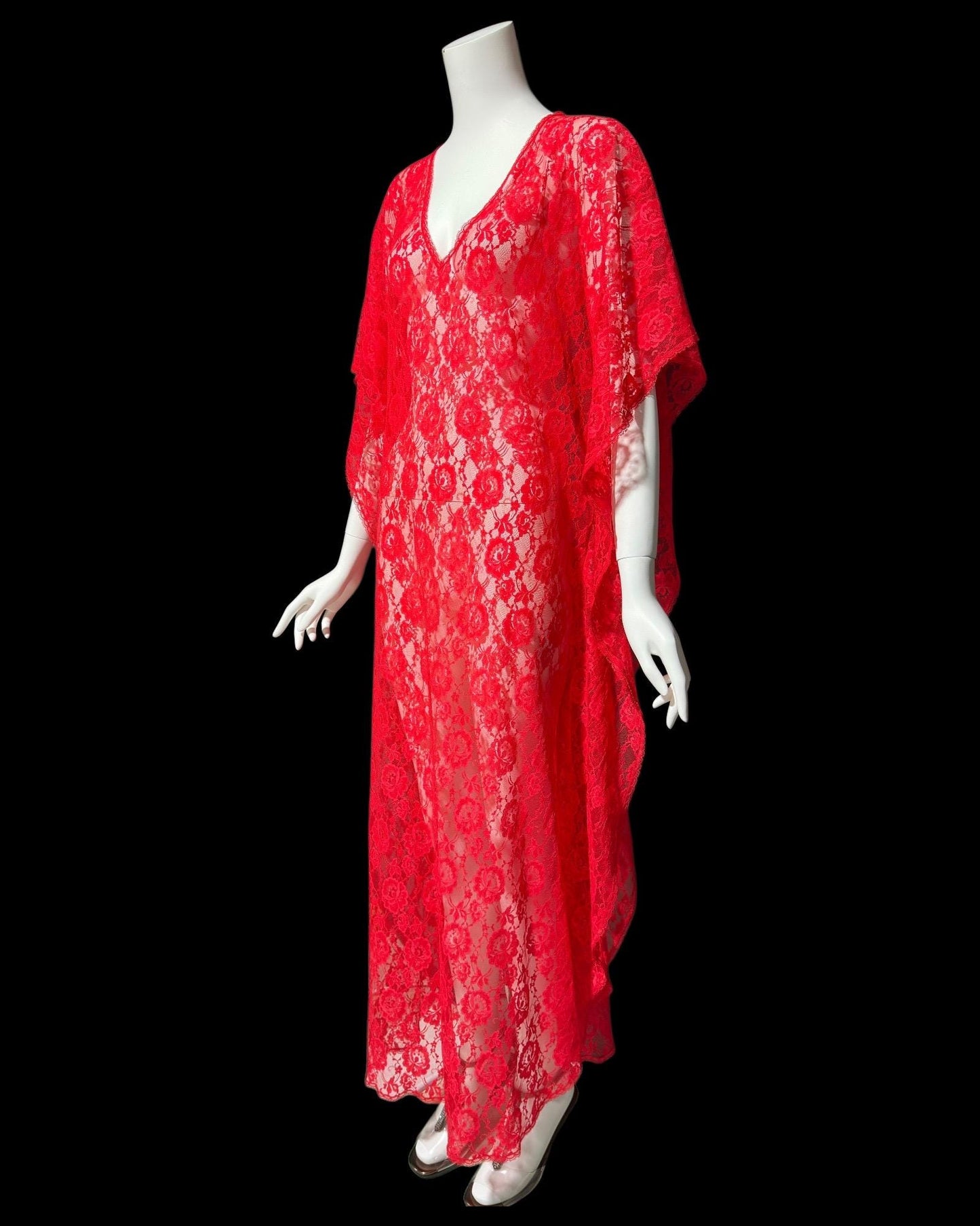 GLYDONS vintage 1960s caftan dress, Red lace sheer see through nylon kaftan