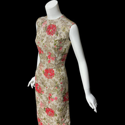 SANDRA SAGE, Vintage 1960s cocktail wiggle dress, red flowers and gold metallic mod dress