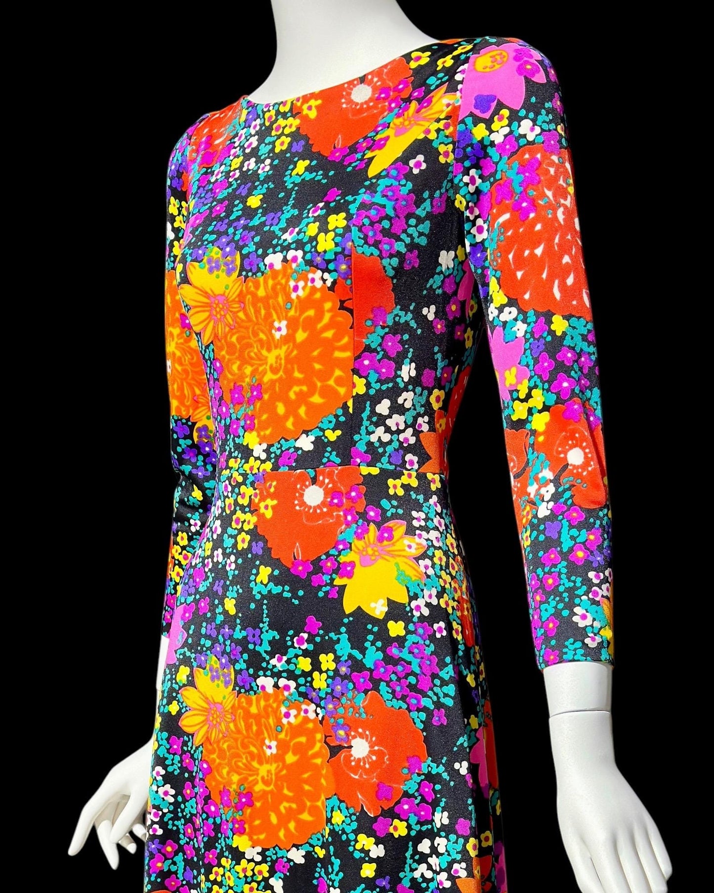 MARVELLA SCREEN PRINT, vintage 1960s neon floral maxi dress, Bold floral psychedelic dress with long sleeves