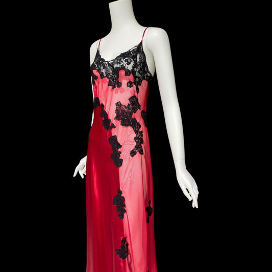 FREDERICK'S Attributed, vintage 1980s Slip Dress, Red and black satin and sheer mesh, lace and sequins, sheath night dress
