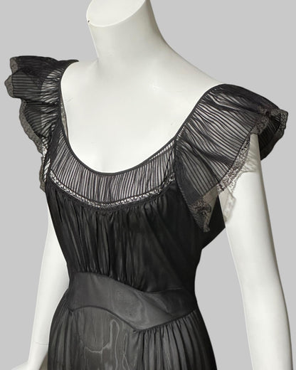 KAYSER vintage 1950s nightgown slip dress, ethereal sheer black chiffon and lace micro pleat gown