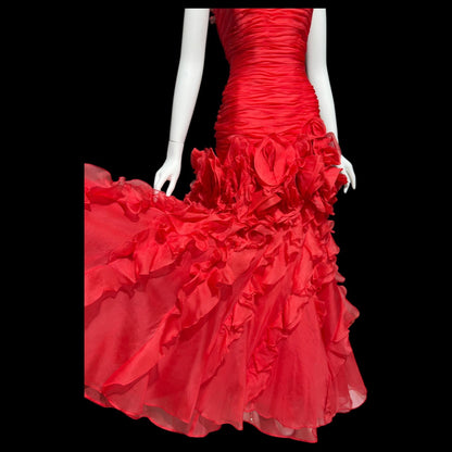 BELLVILLE SASSOON Lorcan Mullany, vintage 1980s evening dress, Red mermaid sheath gown, strapless tiered ruffles with matching bolero