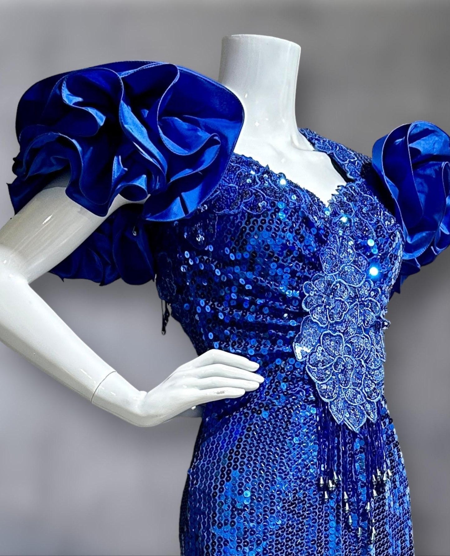 ALYCE DESIGNS 1980s vintage dynasty glam evening gown, Sapphire blue sequins sheath dress, ruffles open back