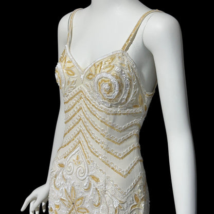 EVA HAYNAL FORSYTH, Vintage 1990s evening wedding dress, off white beaded sequins mermaid sheath slip dress gown