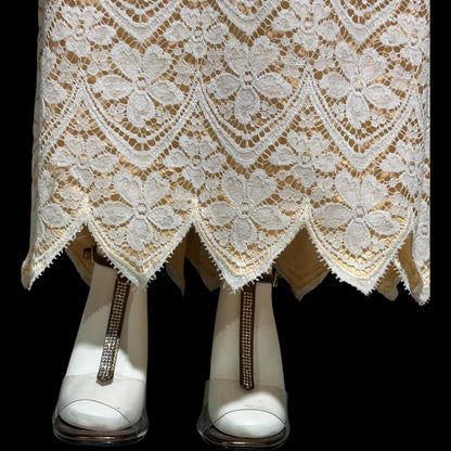 VICTOR COSTA, vintage 1970s evening dress, white and peach lace high neck column dress