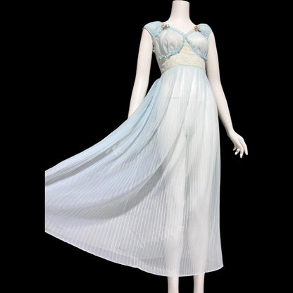 1940s Sheer Nightgown Slip Dress: Totally sheer powder blue micro pleat Old Hollywood Night Dress