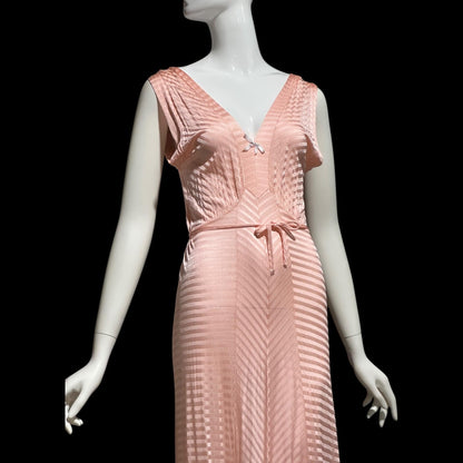 LORRAINE vintage 1940s nightgown slip dress, Shiny peachy pink bias cut slip dress, full length