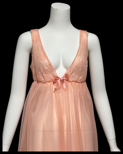 JENELLE vintage nightgown robe set, 1960s Orange Sherbet double layer chiffon peignoir set, Marabou feathers