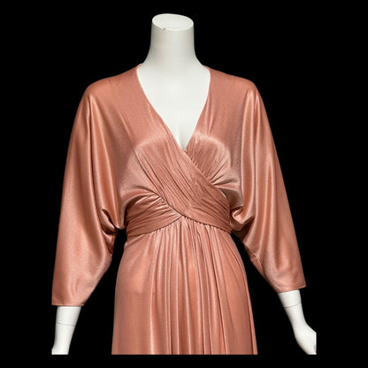 ESTEVEZ vintage 1970s evening dress, peachy copper jersey knit Goddess hostess dress