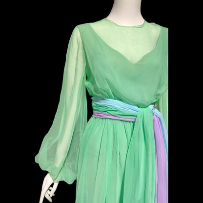 HELEN ROSE, vintage 1970s evening dress, ethereal pastel chiffon green, blue, lavender, sheer chiffon blouson bishop sleeves dress