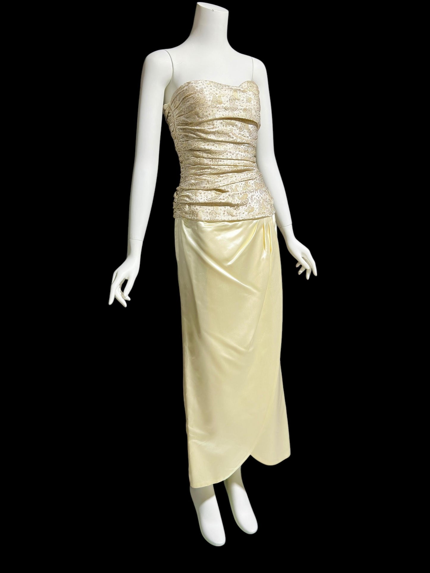 1950s vintage evening dress, Very Marilyn Monroe, Creamy satin with Gold metallic, faux wrap skirt ruched bodice