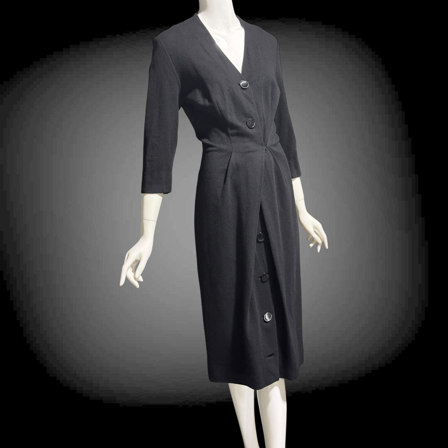 TRICOSA PARIS vintage 1950s coat dress, black knit bombshell wiggle dress, button front