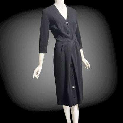 TRICOSA PARIS vintage 1950s coat dress, black knit bombshell wiggle dress, button front