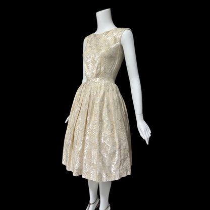ADORE by Doreen, vintage 1950s dress, shimmering damask cocktail party dress, fit flare pleated dress