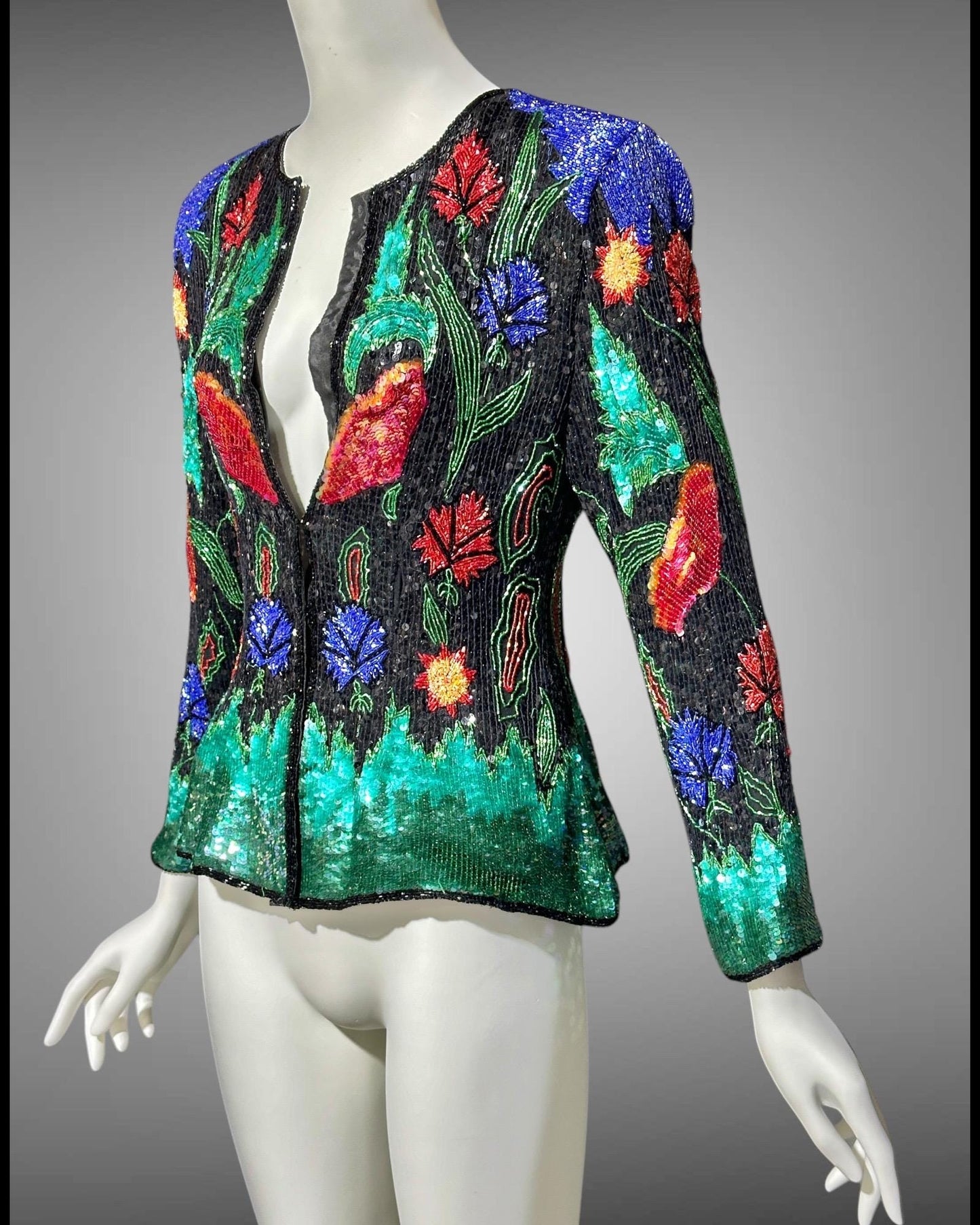 1980s vintage Evening jacket, vibrant jewel tone sequins princess cut elegant cocktail party jacket blouse top