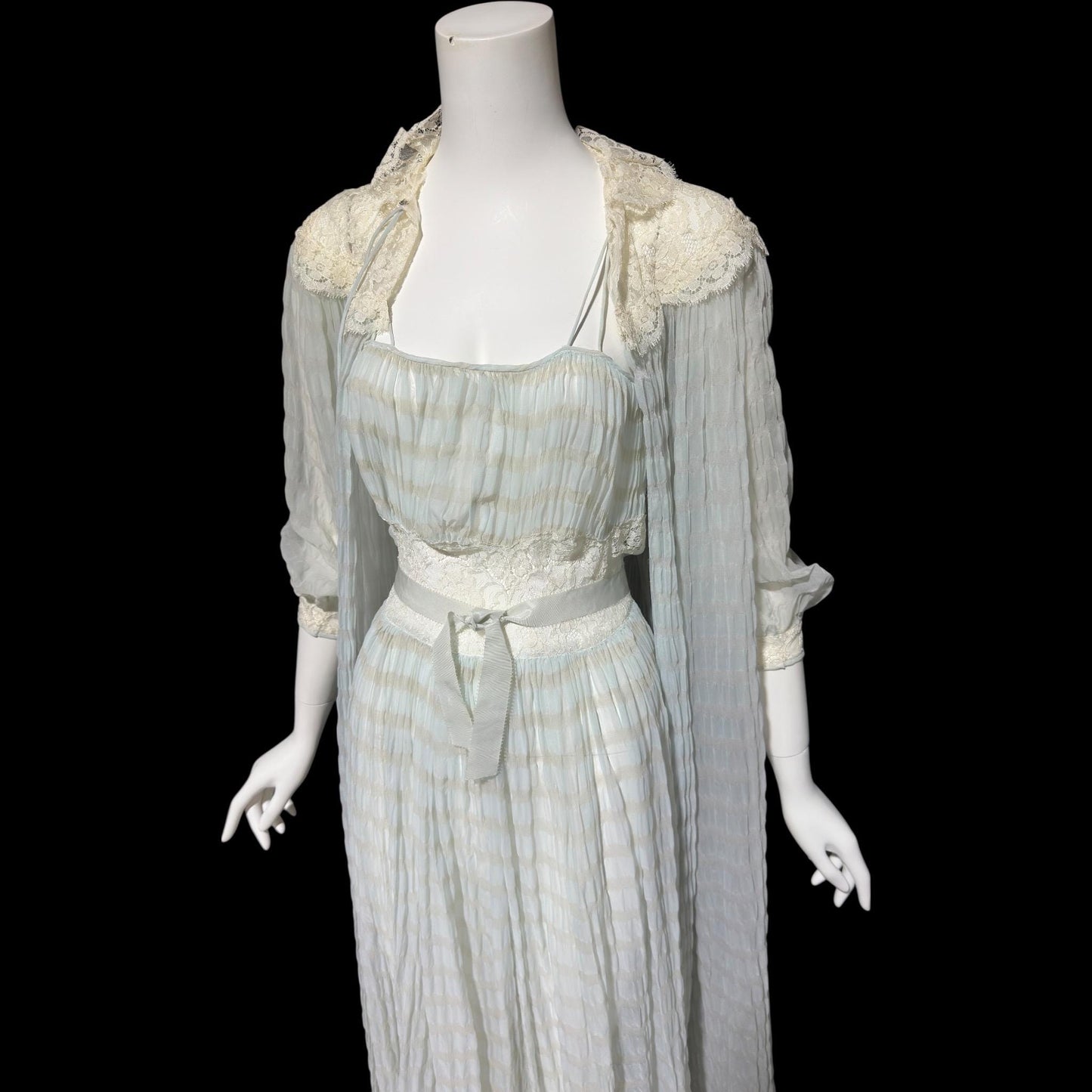 TULA, vintage 1940s nightgown robe set, powder blue striped sheer seersucker peignoir set