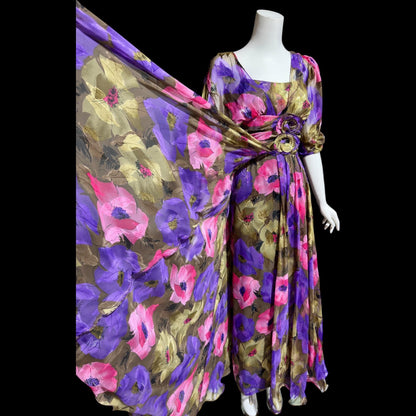 FRANK USHER LONDON, vintage 1980s evening dress, jewel tone floral chiffon with gold metallic