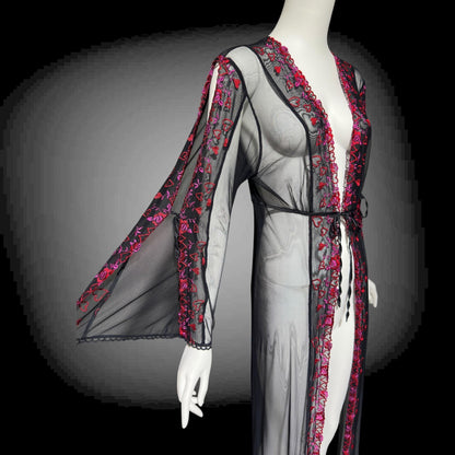 JACALYN BENNETT, Vintage 1990s lace mesh robe, FREDERICK'S of Hollywood, sheer black mesh dressing gown